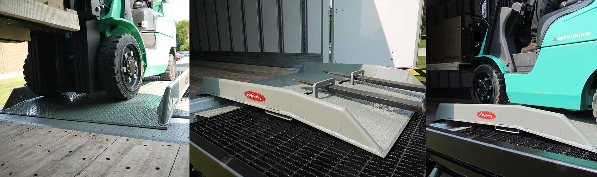 YARD-RAMP-SITE steel dock boards beeing move by forklift on ramp